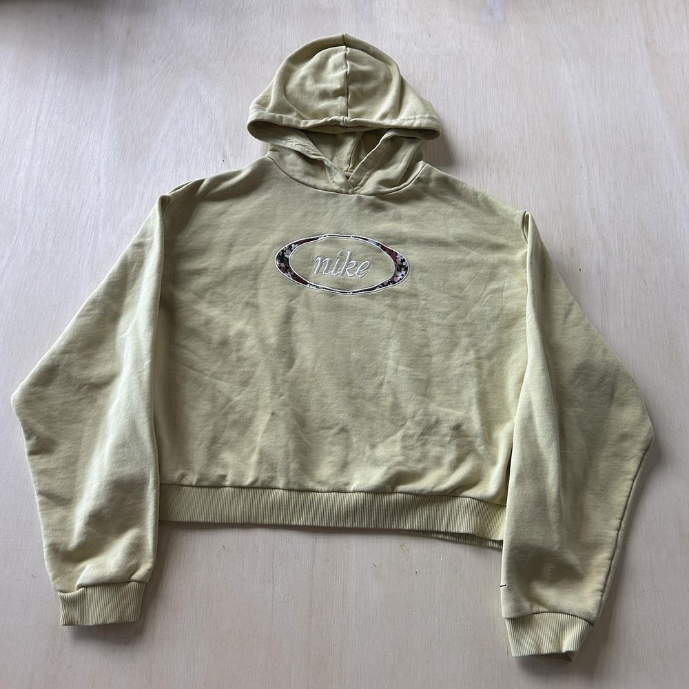 Nike Hoodie Womens XL Yellow Floral Logo Cropped Pullover Fleece Sweatshirt